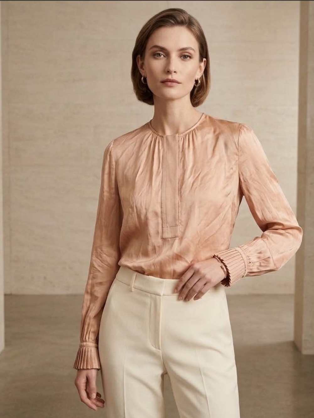 Raquel Allegra Silk Blend Blouse Top Blush Nude Size 0 Long Sleeve Gathered